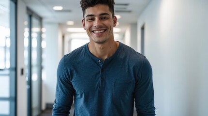 Obraz premium Happy young man in office corridor. Confident smiling handsom male worker standing indoor
