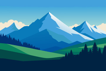 Fototapeta premium A serene winter mountain landscape with snow-covered peaks, green forests, and a clear blue sky