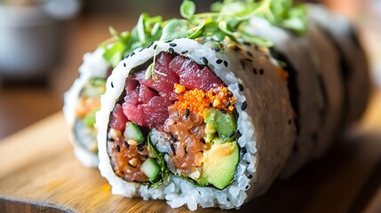 A sushi burrito with fresh ingredients inside