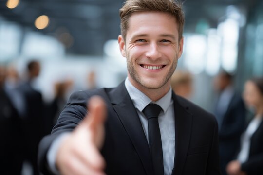 Smiling executive offers a handshake in a modern office building setting with blurred background, concept for client acquisition, corporate partnership and first impressions for new employee as CEO
