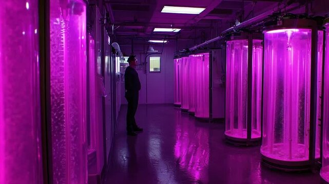 Man observes rows of vertical, illuminated hydroponic growth chambers
