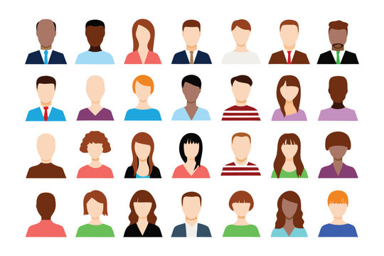 Diverse Digital Avatars: A comprehensive collection of minimalist digital avatars, representing a diverse range of individuals, each embodying a unique persona and background.