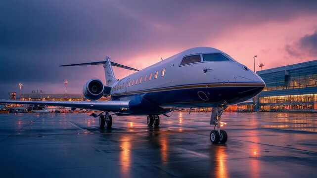 An upscale private jet is parked near the terminal its polished exterior gleaming in the soft light of dusk