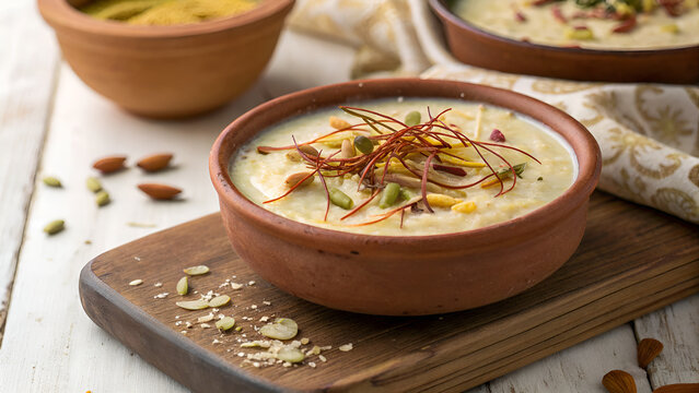 Creamy Basundi in Clay Bowl &ndash; Photorealistic Indian Dessert Photography with Pistachio Garnish