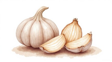 Hand-drawn illustration of a garlic bulb and slices.