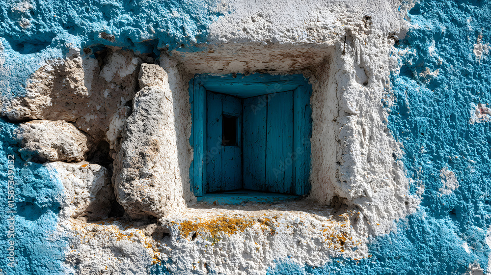 Poster a window with a hole in it and a blue frame