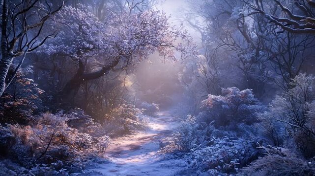 Sunlit path through a snow-covered, mystical winter forest