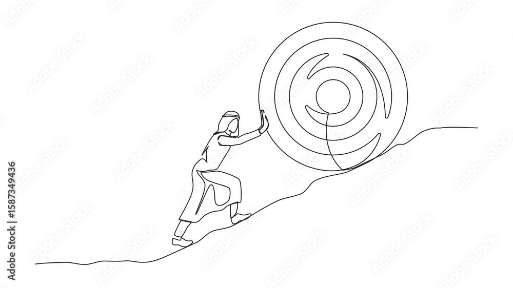 Poster animation of continuous one line drawing arabian businessman push up big target to mountain. salary 