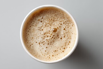 Obraz premium Aerial shot capturing a cup filled with frothy cappuccino against a neutral gray background, concept for warm beverage promotion, cafe menu design and coffee break advertisement