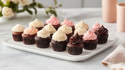 A tray of assorted mini cupcakes with frosting 