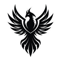 Obraz premium Black silhouette of a mythical phoenix bird with spread wings and fiery tail white