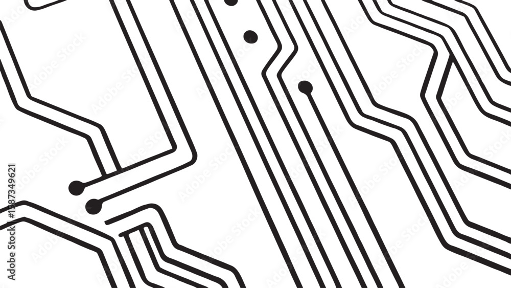 Poster a close-up of a circuit board design features black lines and dots on a white background.