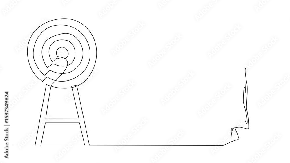 Poster animation of single continuous line drawing arabic businessman using blindfold and hit darts target.