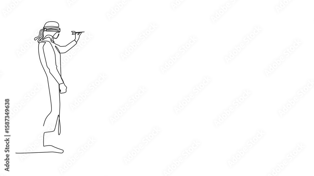 Poster animation of single continuous line drawing confused arabian businessman blindfold throwing dart. un