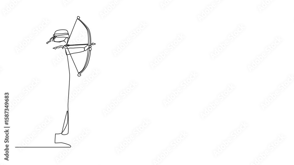 Poster self drawing animation of single continuous line drawing blindfolded arabic businessman shooting arr