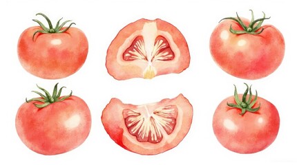 Watercolor illustration of whole and sliced tomatoes.