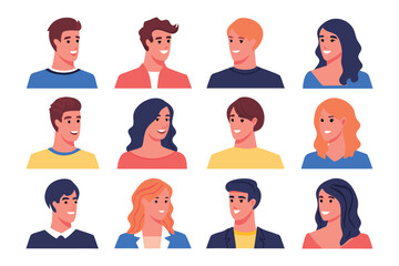 Diverse Portraits: A collection of character avatars, each a unique individual, presents a harmonious blend of inclusivity and variety. The illustrations depict people of all backgrounds.
