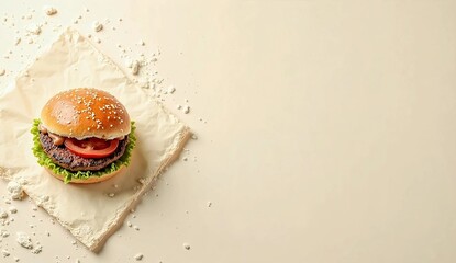 Top view of a hamburger with bun dough on a minimalist beige background. Copy space. AI generated.
