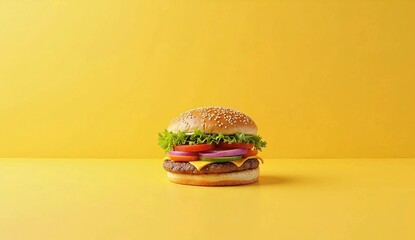 Hamburger isolated on a minimalist yellow background, copy space. AI generated