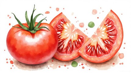 Hand-painted watercolor illustration of a whole tomato and two slices.