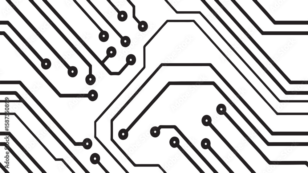 Poster the image shows close-up sections of circuit board designs with black traces and circular pads on a 