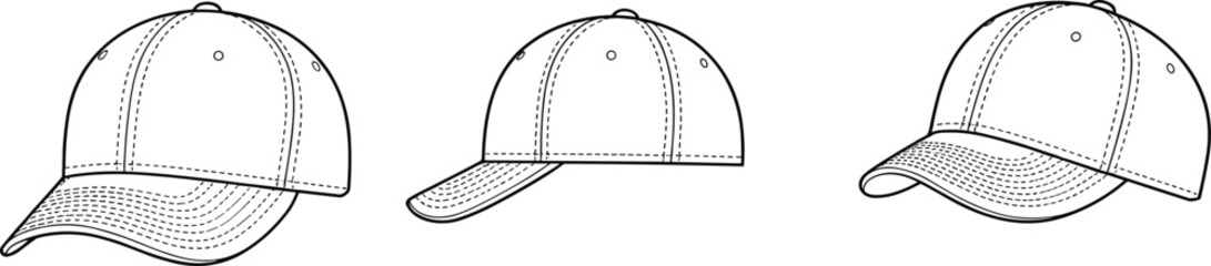 Baseball cap vector sketch, technical flat drawing, front side angle views, fashion template, headwear outline for apparel design mockup