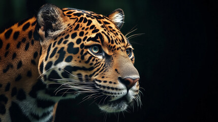 Obraz premium leopard on a black background. portrait of leopard with intense eyes.
