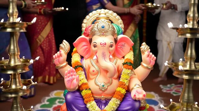 Lord ganesha sculpture with vibrant traditional decorations. Festive atmosphere of Ganesh Chaturthi with colorful rangoli. Statue, hindu, india, diya, puja, post, banner, poster concept.