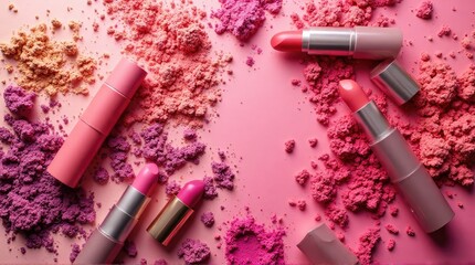 Assorted shades of lipstick and eyeshadow pigments scattered on a pastel pink surface.