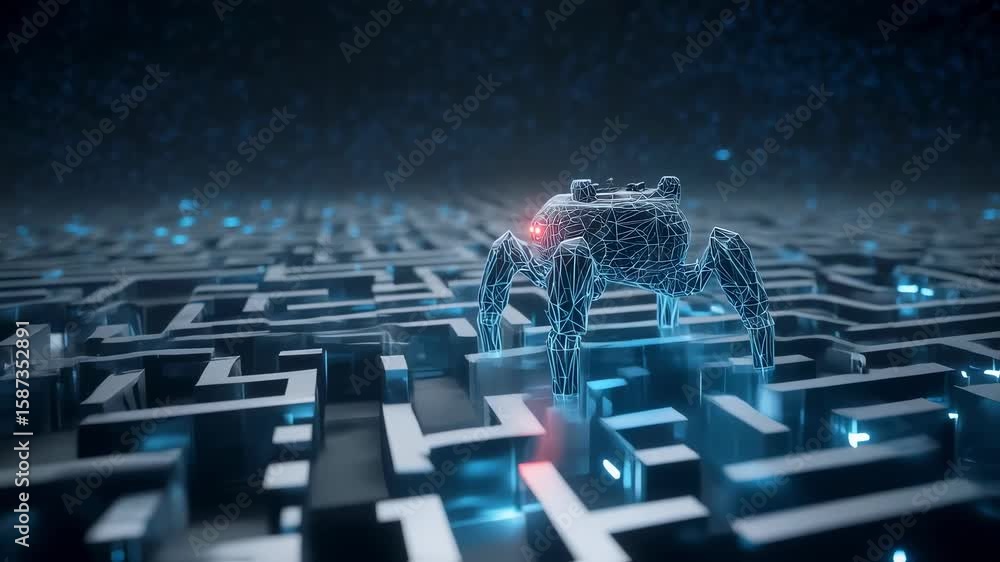 Poster futuristic robot spider with glowing red eyes navigating a dark maze illuminated by blue neon lights