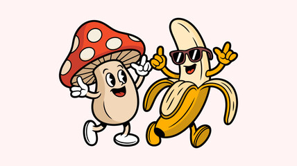 Fototapeta premium Fun cartoon mushroom and banana characters dancing together