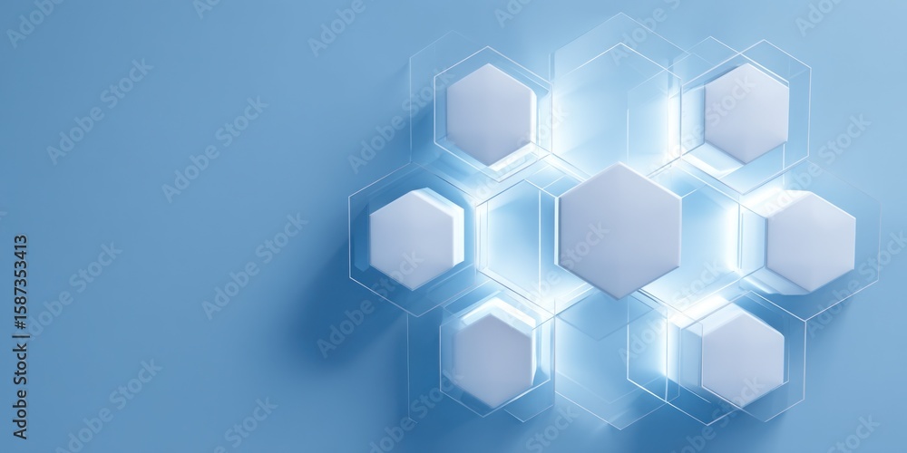 Poster abstract blue background with white hexagons connected by glowing lines forming a network structure