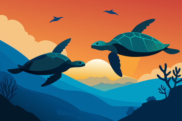 A cartoon illustration of a dolphin and a shark swimming peacefully in the deep blue ocean