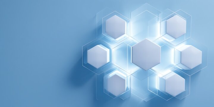 Abstract blue background with white hexagons connected by glowing lines forming a network structure