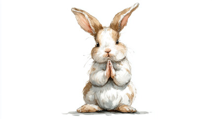 A small bunny with its paws pressed together in a prayer position, sitting in a serene yoga pose, painted in delicate watercolor on a white background