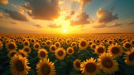 A vast field of sunflowers at sunset.