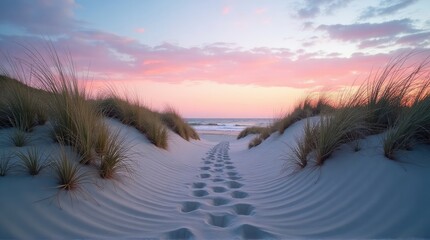 Footprints on a sandy beach at sunset.