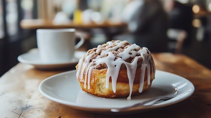 A warm cinnamon roll with icing drizzled on top