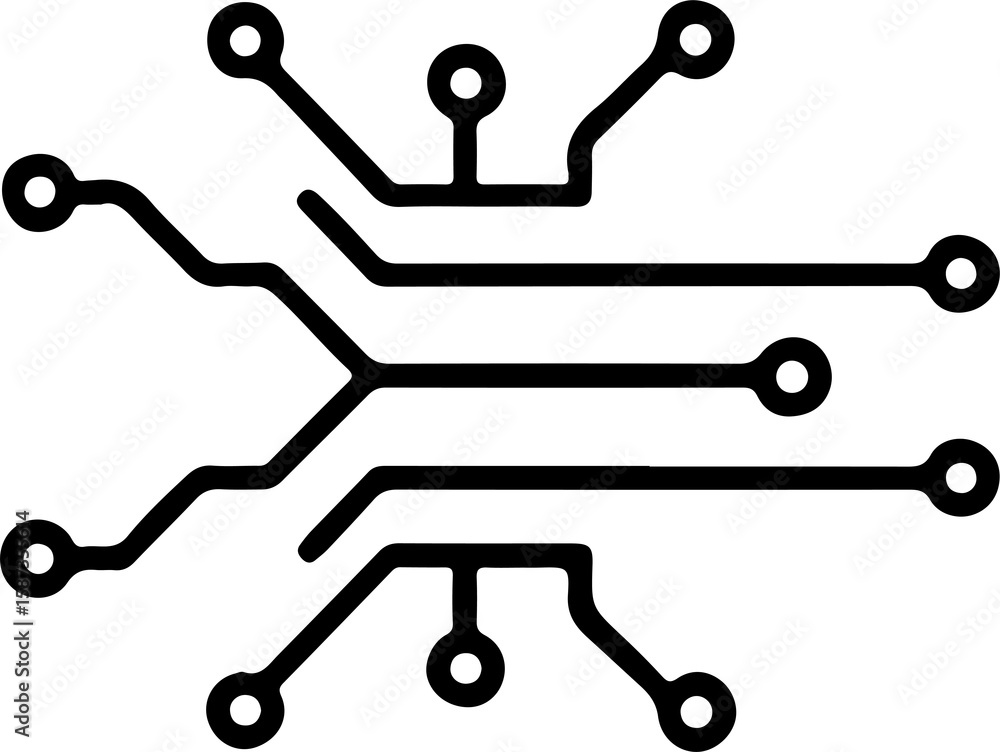 Poster a simplified circuit board design is shown with black traces and circles on a white background.