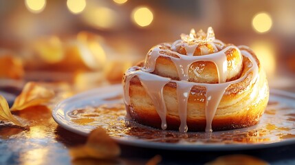 A warm cinnamon roll with icing drizzled on top