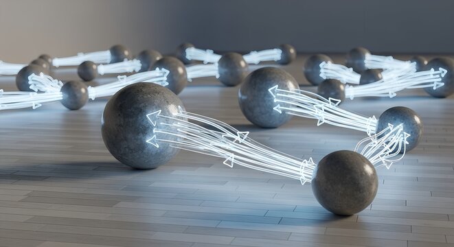 Abstract representation of data flow within a Bayesian network, depicted as dynamic, glowing light pathways connecting grey spheres on a polished wooden floor. Algorithms as Living Sculptures.