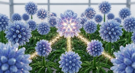 A vibrant garden of radiant blue crystal-like flowers, interconnected by streams of golden light particles, beautifully illustrating a genetic algorithm as a living sculpture.