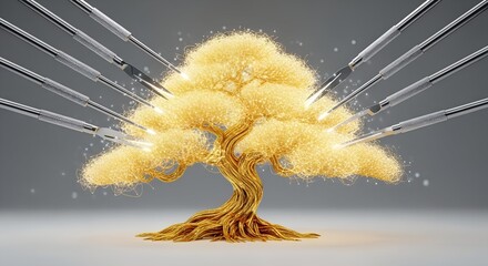 A shimmering golden algorithmic bonsai tree, meticulously pruned by silver precision tools, symbolizing the refining process of AI and neural networks.