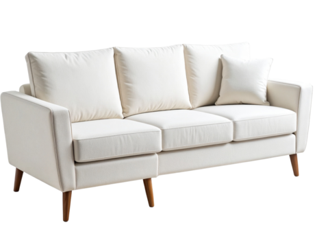 Modern White Couch and Accent Chair Set, Angled Arrangement with Soft Shadowing, isolated on transparent background PNG