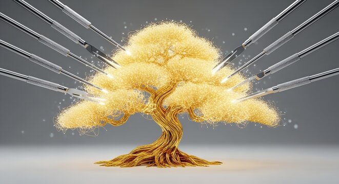 A shimmering golden algorithmic bonsai tree, meticulously pruned by silver precision tools, symbolizing the refining process of AI and neural networks.