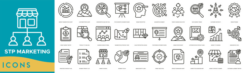 STP Market line icon set. Market Segmentation Chart, Customer Profile Map, Demographic Analysis Tool, Psychographic Segment Board, Brand Perception and Geographic Segment