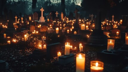 Eerie illumination of a cemetery with rows of glowing candles at night