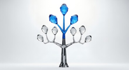 Elegant crystal tree sculpture with sparkling clear and vibrant sapphire blue crystals on a minimalist white background, embodying the intricate structure of a Decision Tree algorithm as a living