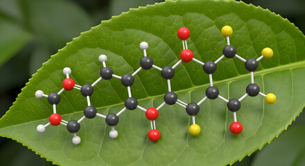 EGCG Molecule Model on Green Tea Leaf