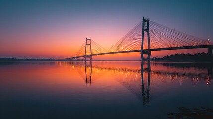 Fototapeta premium River - Crossing Bridge Sunrise: Bridge and Water Reflection, Render Romantic Orange - Purple Morning Light